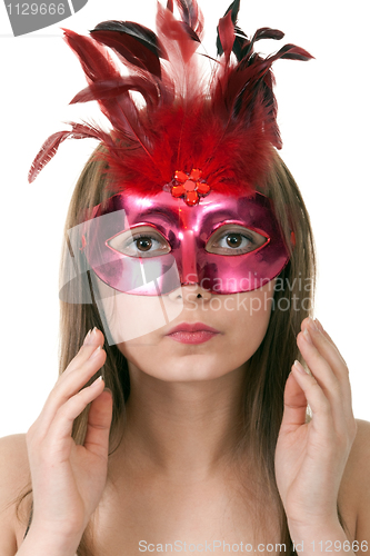Image of girl in the red masquerade mask