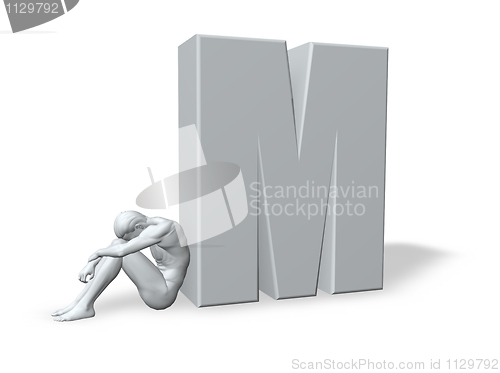Image of sitting man leans on uppercase letter m