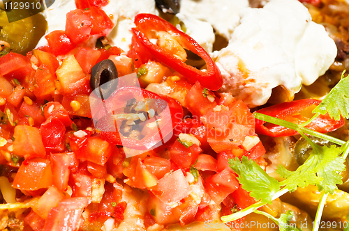 Image of fresh nachos and vegetable salad with meat