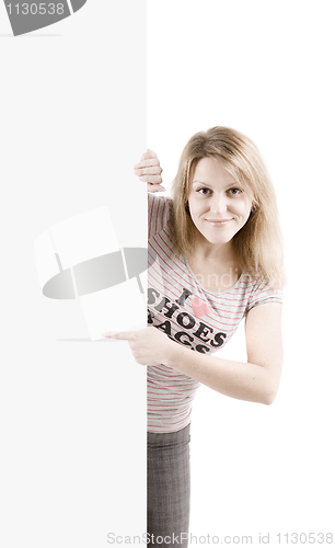 Image of The happy young woman on white background
