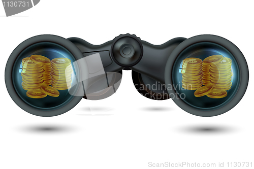 Image of binoculars with dollar coins