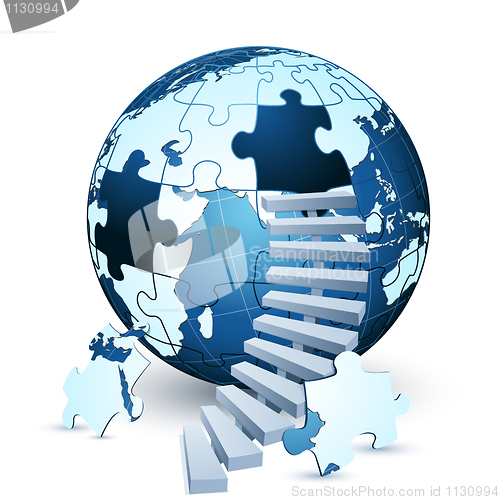 Image of earth jigsaw puzzle with stairs