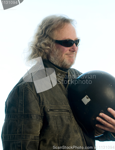 Image of handsome middle age man leather jacket motorcycle helmet