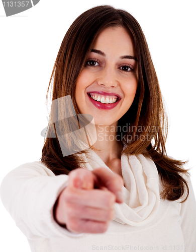 Image of young lady pointing at you