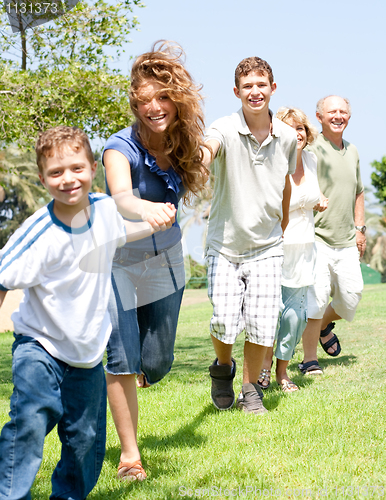 Image of happy family making chain