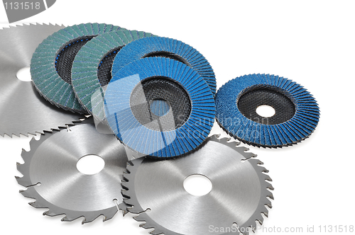 Image of Circular saw blades and abrasive disks  isolated on white