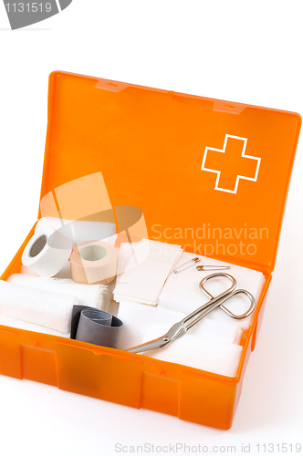 Image of Open first aid kit isolated on white background