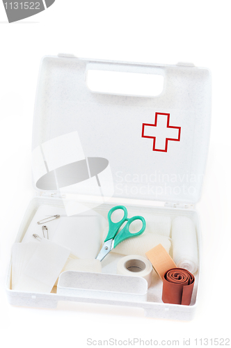 Image of Open first aid kit isolated on white background