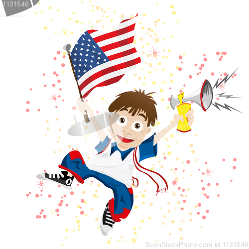 Image of United States of America Sport Fan with Flag and Horn