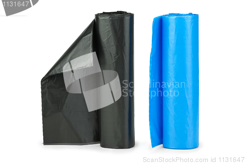 Image of Rolls of blue and  black plastic garbage bags