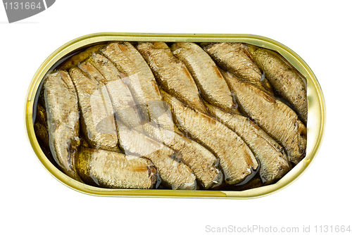 Image of Opened tin can with conserved sprat fish