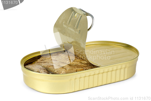 Image of Opened tin can with conserved sprat fish