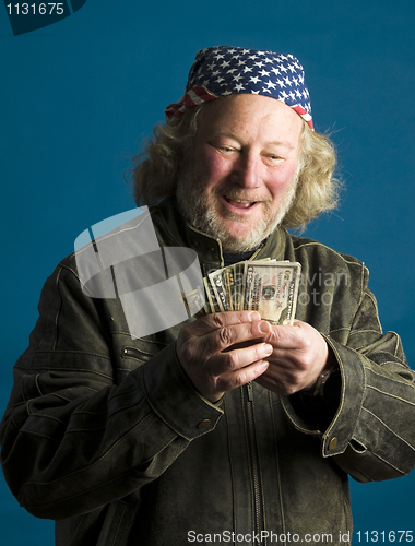 Image of handsome middle age man flag bandana leather jacket cash money