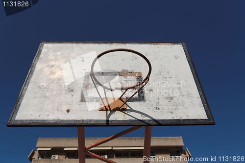 Image of Old broken basketball hoop against the blue sky