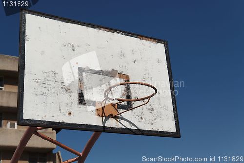 Image of Old broken basketball hoop against the blue sky