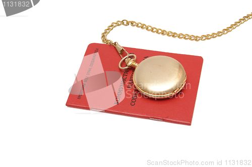Image of Soviet communist party card with pocket watch on chain