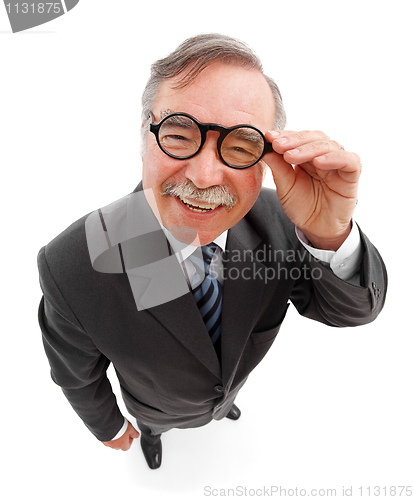 Image of Happy man wearing round glasses