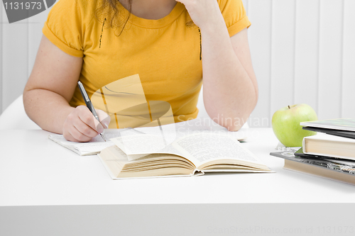 Image of The girl the student with writing-books and books