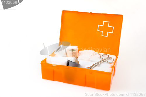 Image of Open first aid kit isolated on white background