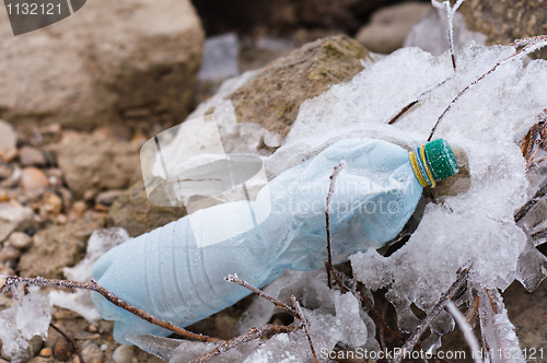 Image of empty bottle frozen into the rocks on shore