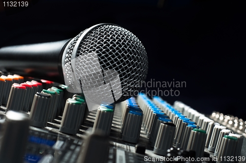 Image of Part of an audio sound mixer with a microphone