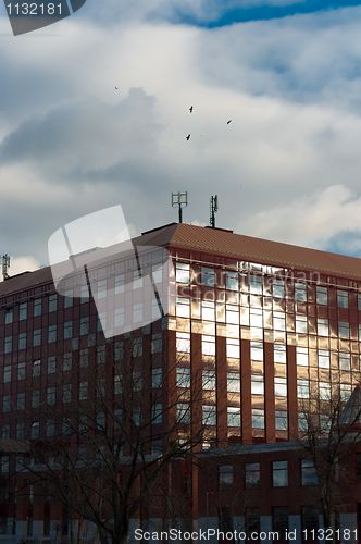 Image of Modern university building with crows in the blue sky