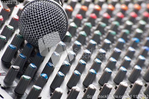 Image of Part of an audio sound mixer with a microphone