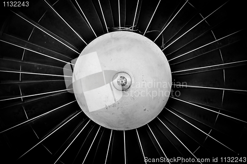 Image of Jet engine closeup in black and white 