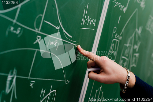 Image of Hand of a student pointing at green chalk board