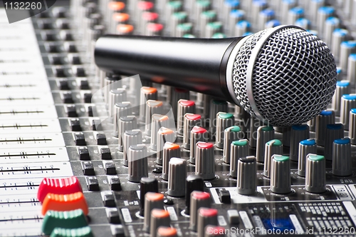 Image of Part of an audio sound mixer with a microphone