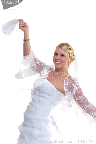 Image of Young smiling bride on isolated white background holding napkin