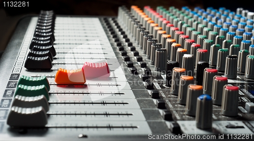 Image of Part of an audio sound mixer with buttons and sliders