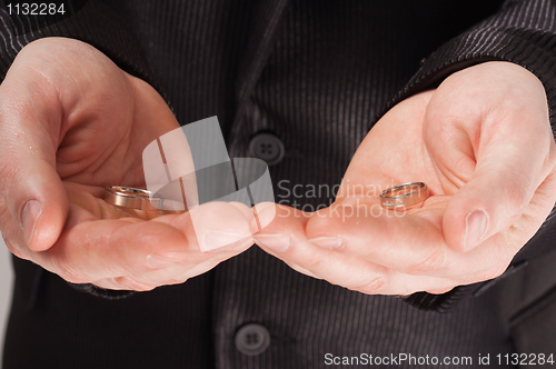 Image of Mans palms holding wedding rings