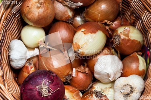 Image of A pile of bulb onions in a basket