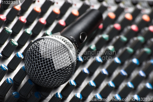 Image of Part of an audio sound mixer with a microphone