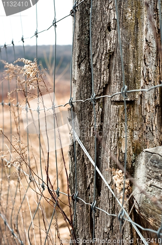 Image of Wooden fence with metal plate against blurry background