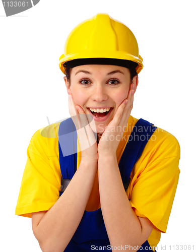 Image of Construction girl holding her face in astonishment