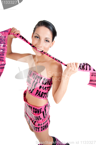 Image of Girl in pink tape dress