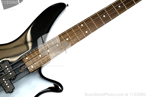 Image of Fragment of black  Bass Electric Guitar With Four Strings, isola