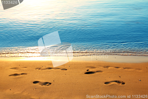 Image of footprints on sand along sea at dawn