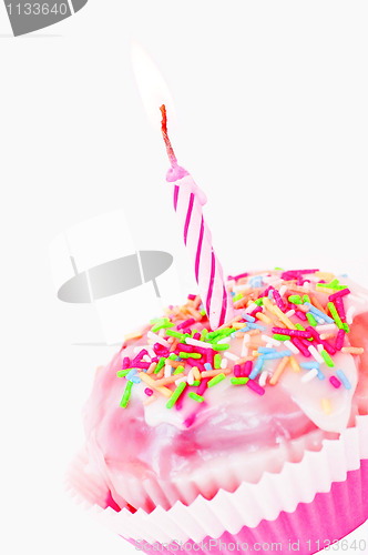 Image of Single cupcake with pink lit candle