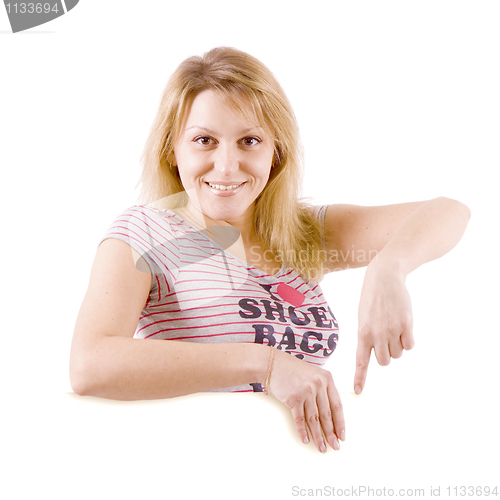 Image of The happy young woman on white background