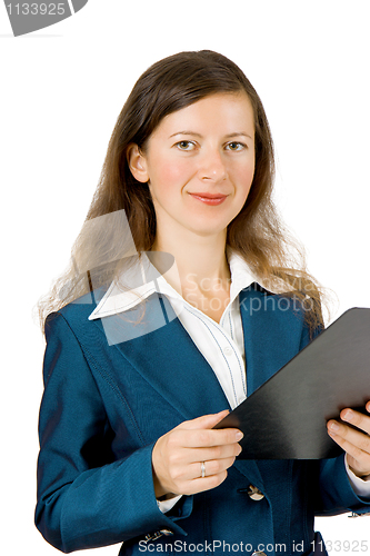 Image of girl in a business suit with a notebook