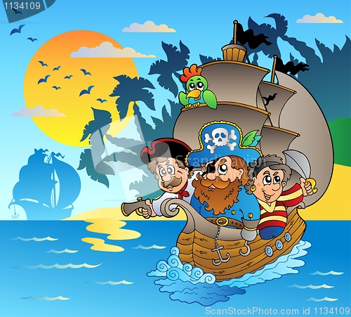 Image of Three pirates in boat near island