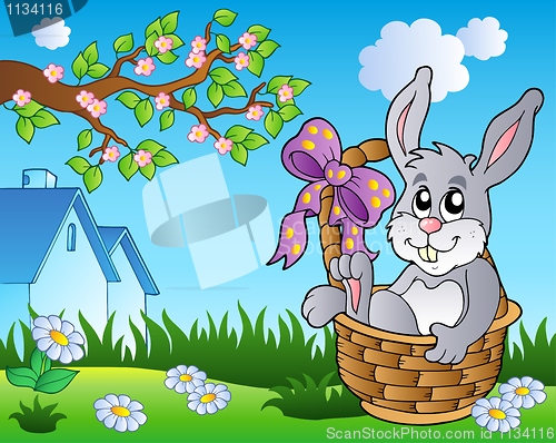 Image of Spring meadow with bunny in basket