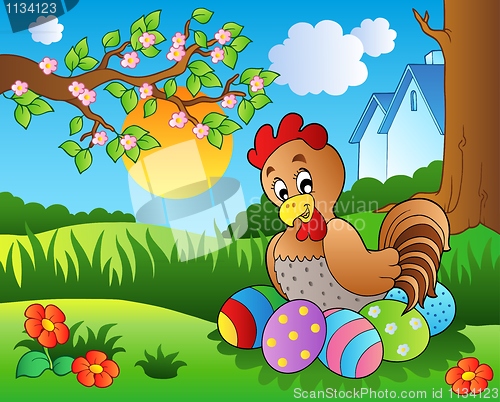 Image of Meadow with hen and Easter eggs