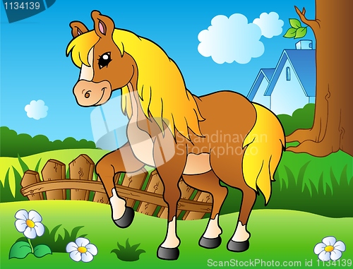 Image of Cartoon horse on spring meadow
