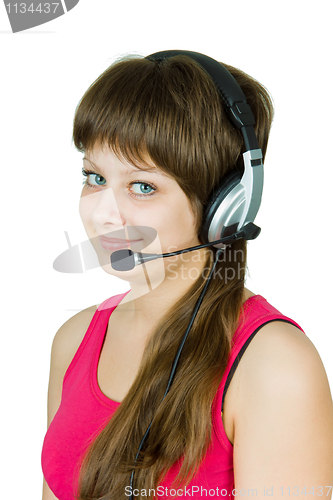 Image of smiling girl in headphones with microphone