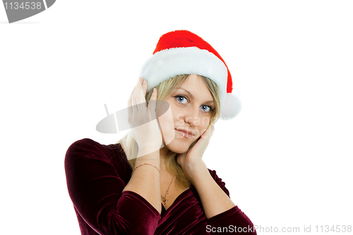 Image of portrait of a beautiful blonde in Christmas hats