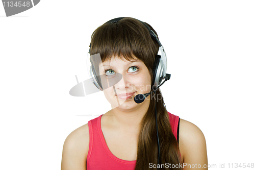Image of smiling girl in headphones with microphone